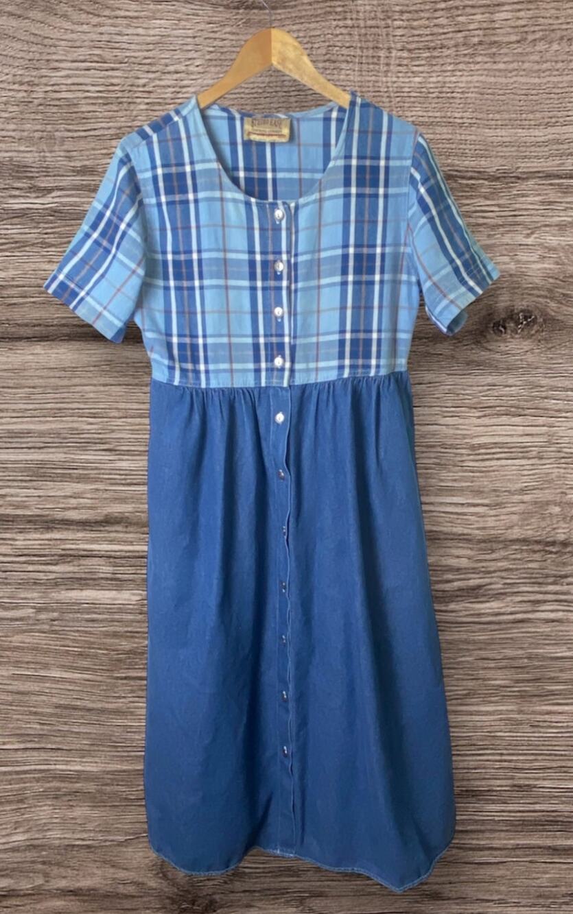 Studio Ease Cottagecore Women’s Blue Plaid Denim Prairie Dress Size 10